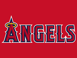 The los angeles angels logo on a red background.