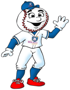 A baseball mascot waving his arms.