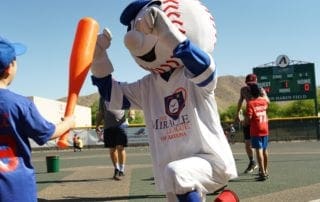 The mascot of a baseball team is holding a bat.