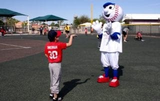 The mascot of a baseball team is giving a young boy a high five.