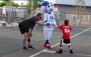 A young boy is shaking hands with a baseball mascot.
