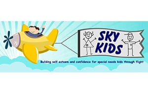 Sky kids logo with a boy flying a plane.