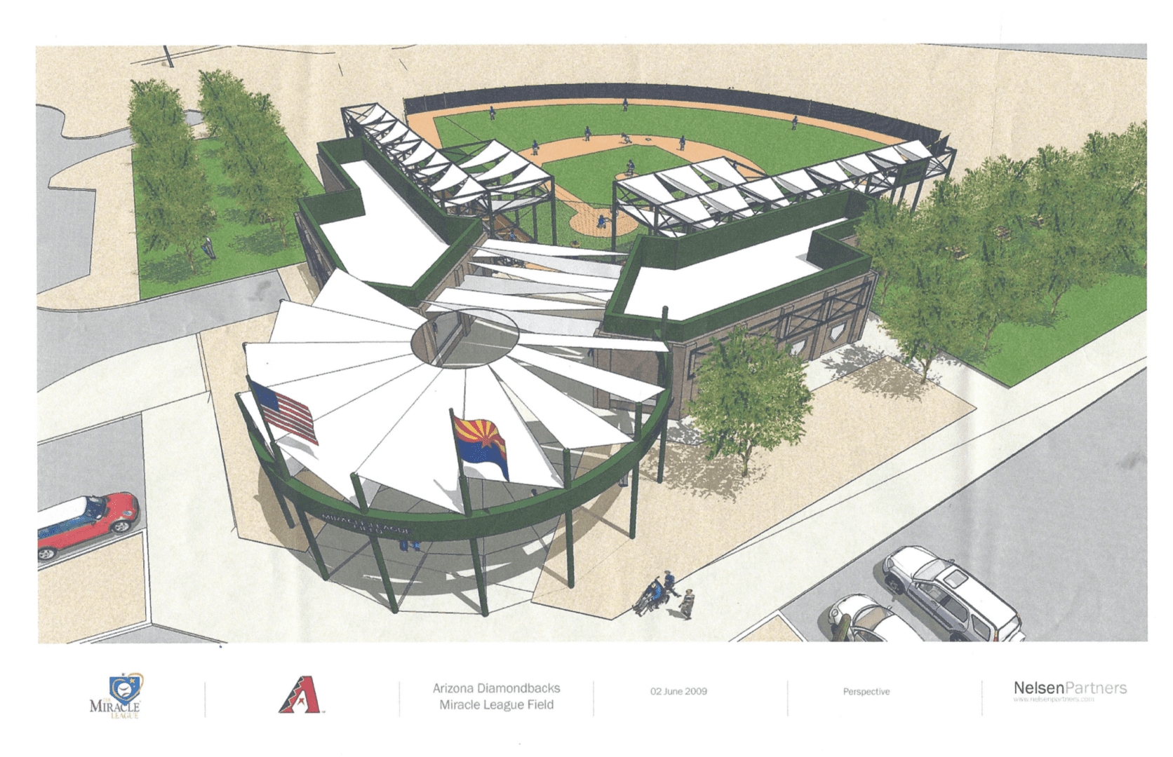 An artist's rendering of a baseball stadium.