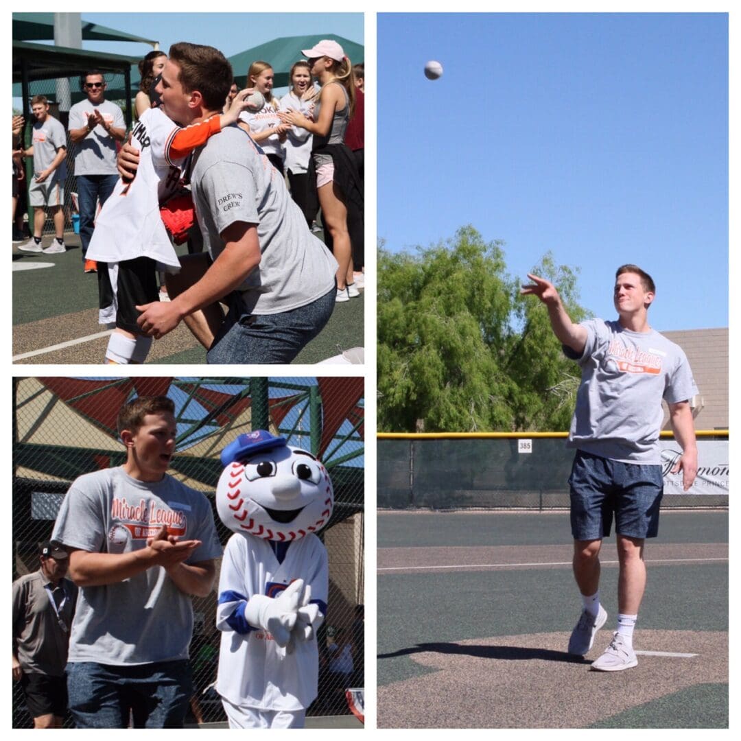 Four pictures of a man throwing a ball with a mascot.