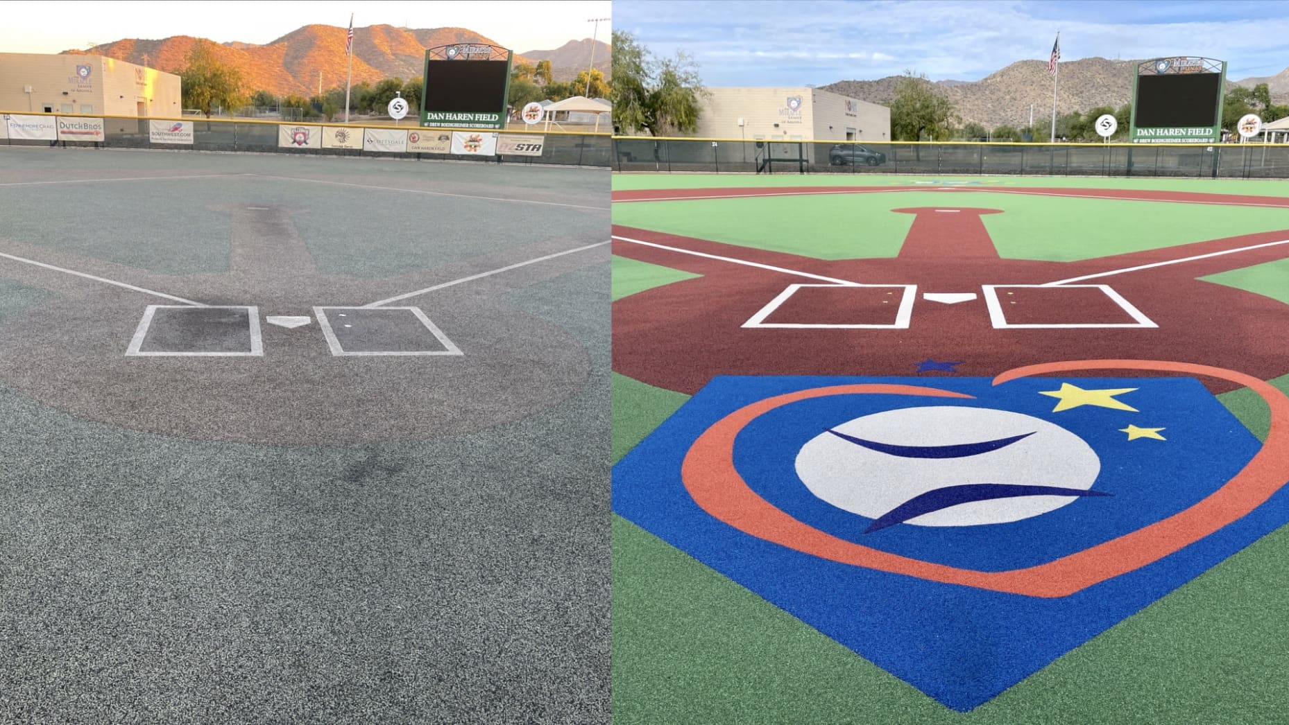 A baseball field with the number 1 2 on it and a ball logo painted on the ground.