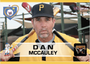Dan mccaley of the pittsburgh pirates is holding a baseball bat.